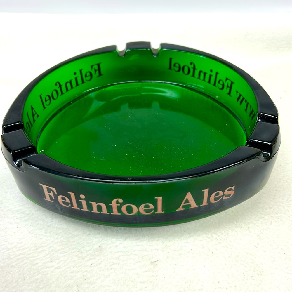 Vintage Welsh “Felinfoel Ales” 8” large heavy flashed green glass Pub ashtray